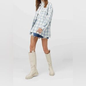 Stradivarius Houndstooth Tweed Boucle ButtonUp Jacket White Blue Oversized Sz XS